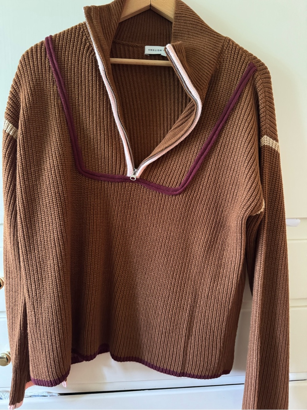 English Factory Brown Ribbed Zip Funnel Neck Sweater with Mauve Trim